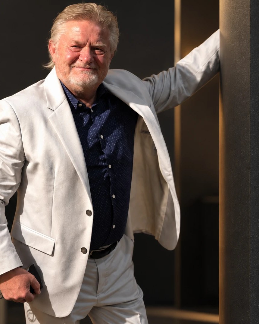 Michael Sprengler, lächelnd, in hellem Sakko und dunkelblauem Hemd, an eine dunkle Wand gelehnt.
